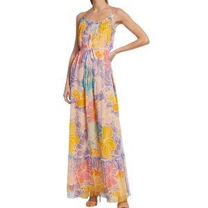 New Ramy Brook Ivy Printed Silk Tiered Maxi Dress Size L NWT